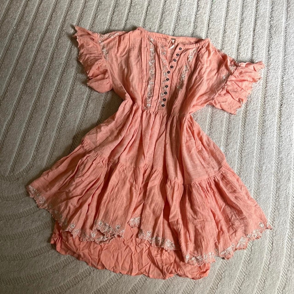 Free People Santiago embroidered ruffle peachy pink dress size s boho feminine